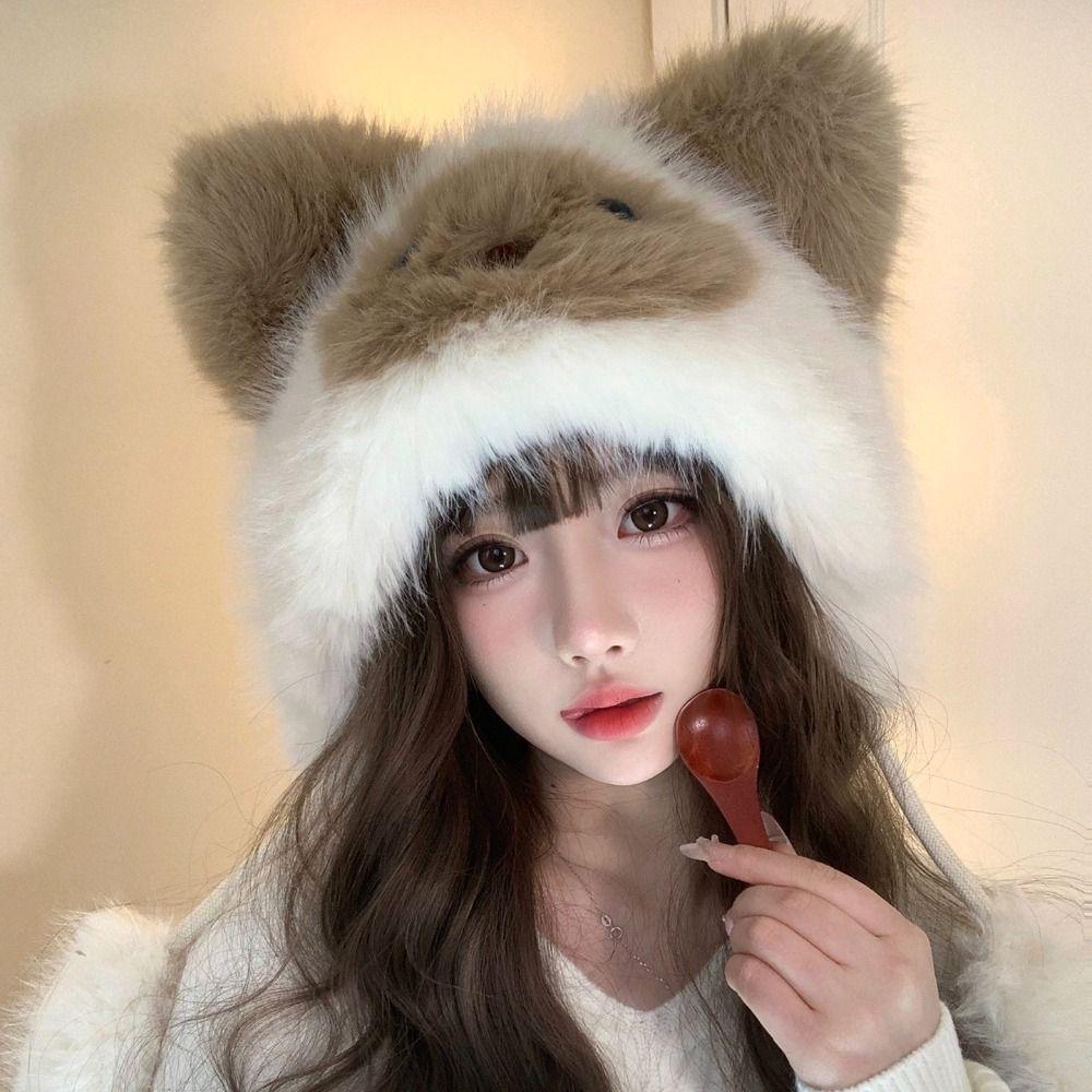 Thicken Fluffy Pullover Cap Soft Woolen Hat Winter Animals Ears Beanie Hat  Skiing