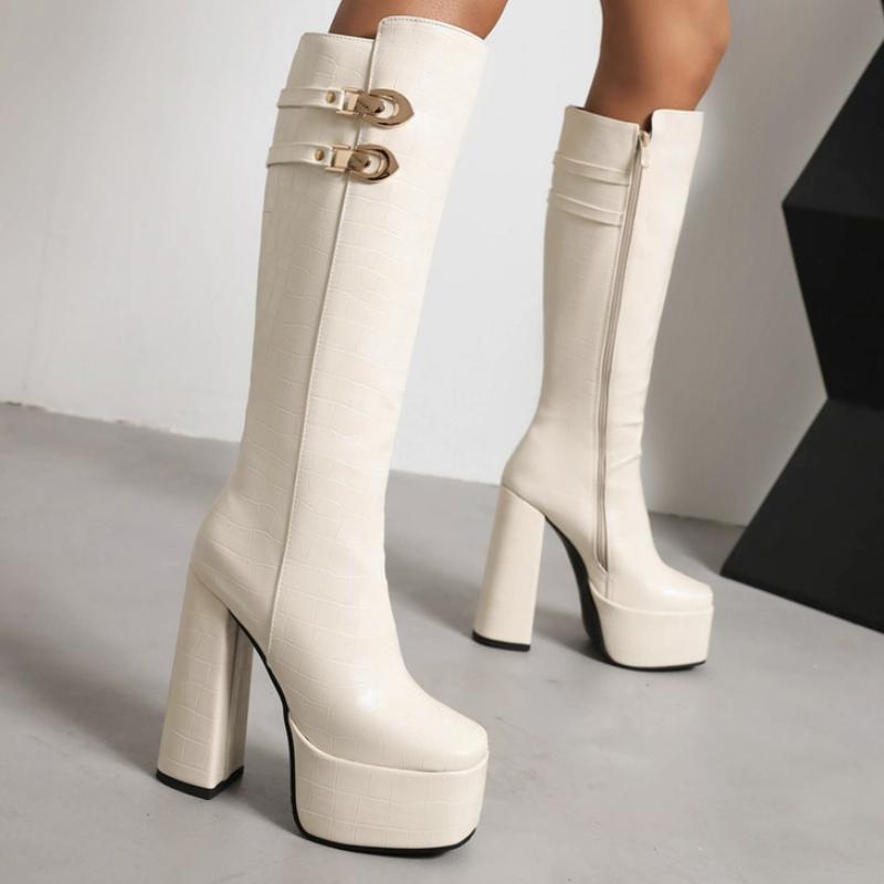 Black Knee High Boots For Women Platform Winter Shoes Green Heels Sexy Long Shoes Zipper Party Boots Lady Large Size