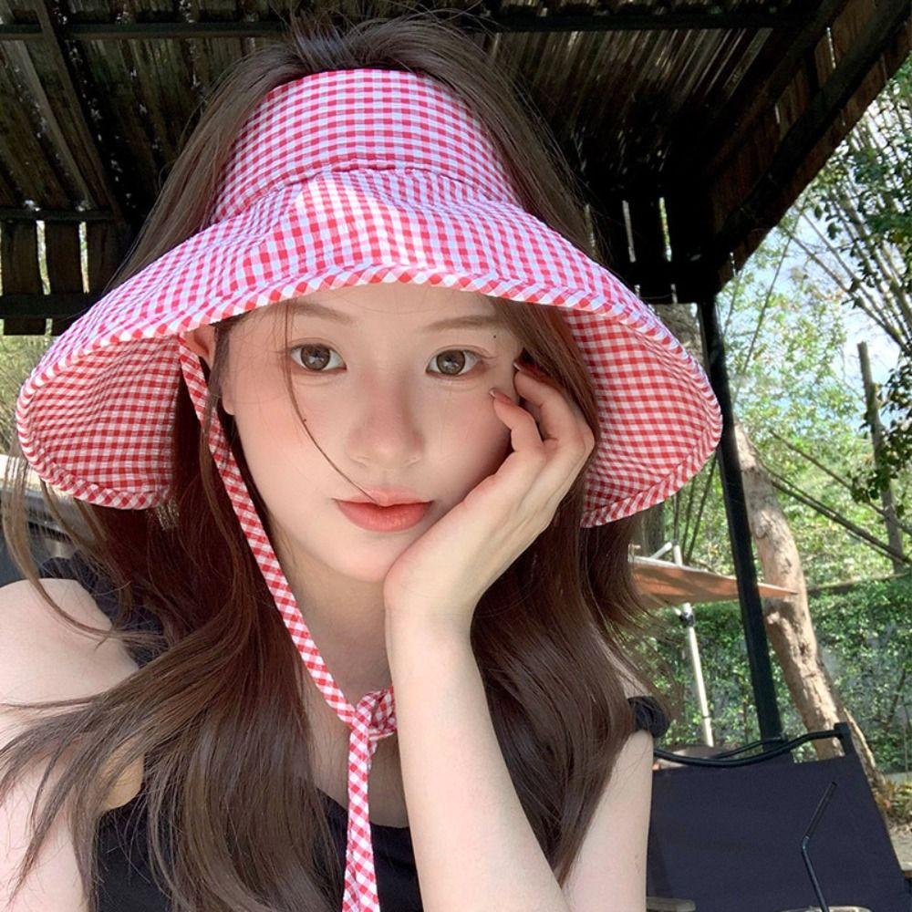 Foldable Large Brim Sun Hat Plaid Print Wide Brim Sunhat Fashion Summer Fisherman Cap  Outdoor