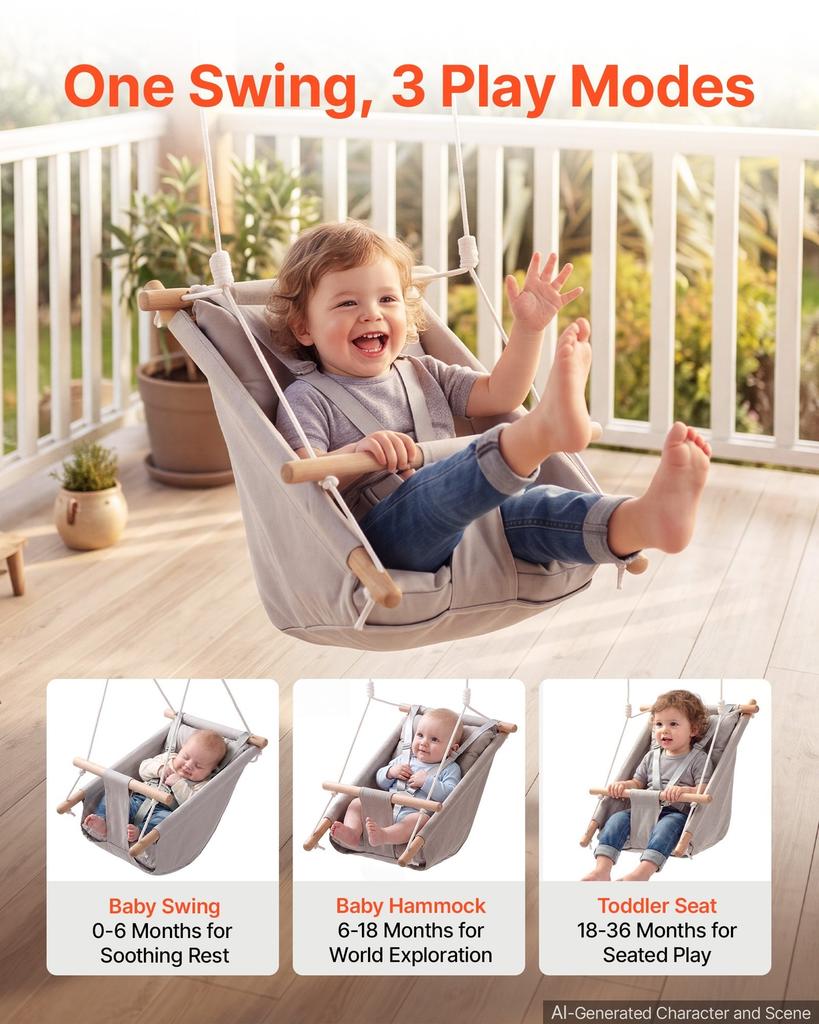 Baby Swing 30 kg Weight Capacity 3 Modes Canvas Hammock Swing Gray, for Indoor and Outdoor, 5-Point Harness and Tree Straps, Wooden Hanging Seat with