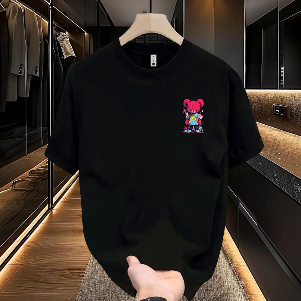 2025 Summer Cartoon Bear Graphic T-shirt 100% Cotton Loose Y2k Casual Men's Clothes Breathable with All Fashion T-shirt