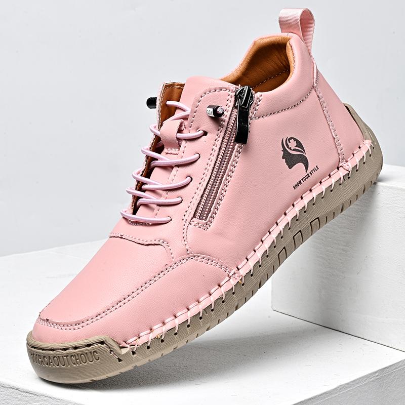 Women's Sneakers Round Toe Leather Shoes Fashion Casual Solid Color Zipper Boots