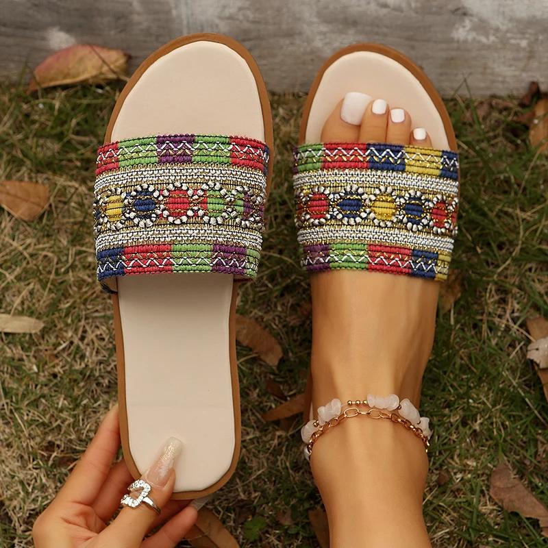 Fashion Fashion Tweed Cloth Flats Slippers Women 2025 String Bead Plus Size 36-43 Summer Sandals Woman Lightweight Outdoor Slides Female