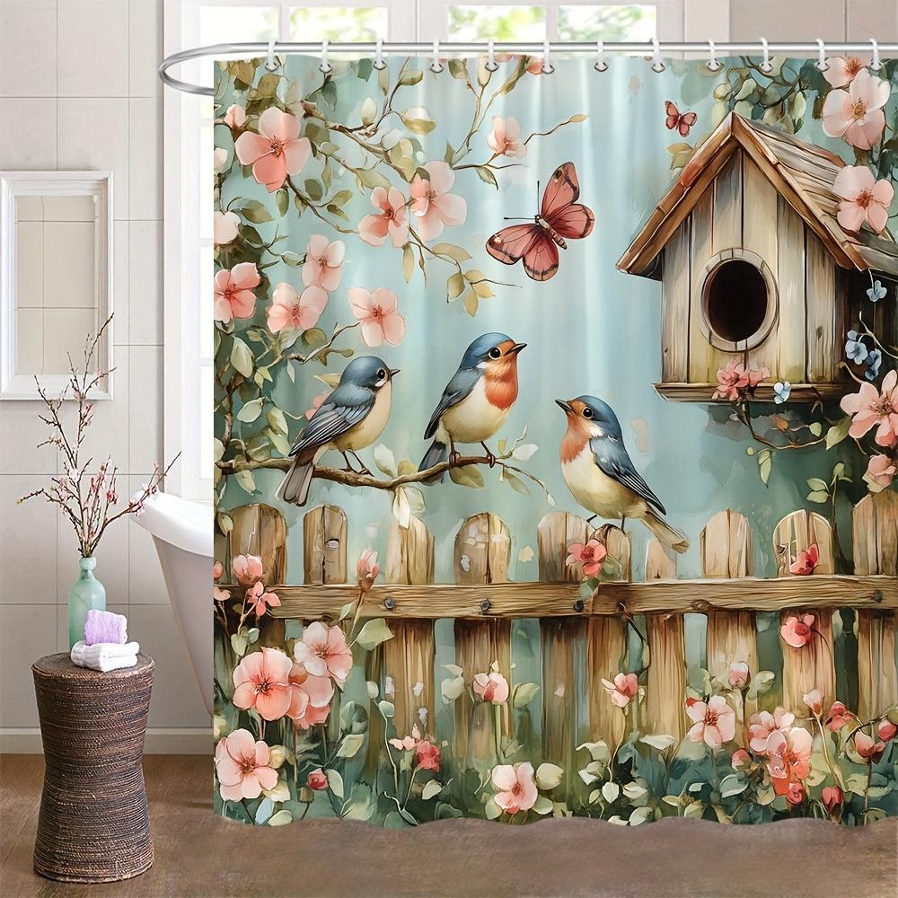 Charmante Gartenszene Duschvorhang - Vögel, Blumen & Vogelhaus; Wasserdichte Heimdekoration Bringt Die Schönheit Der Natur In Ihr Badezimmer.