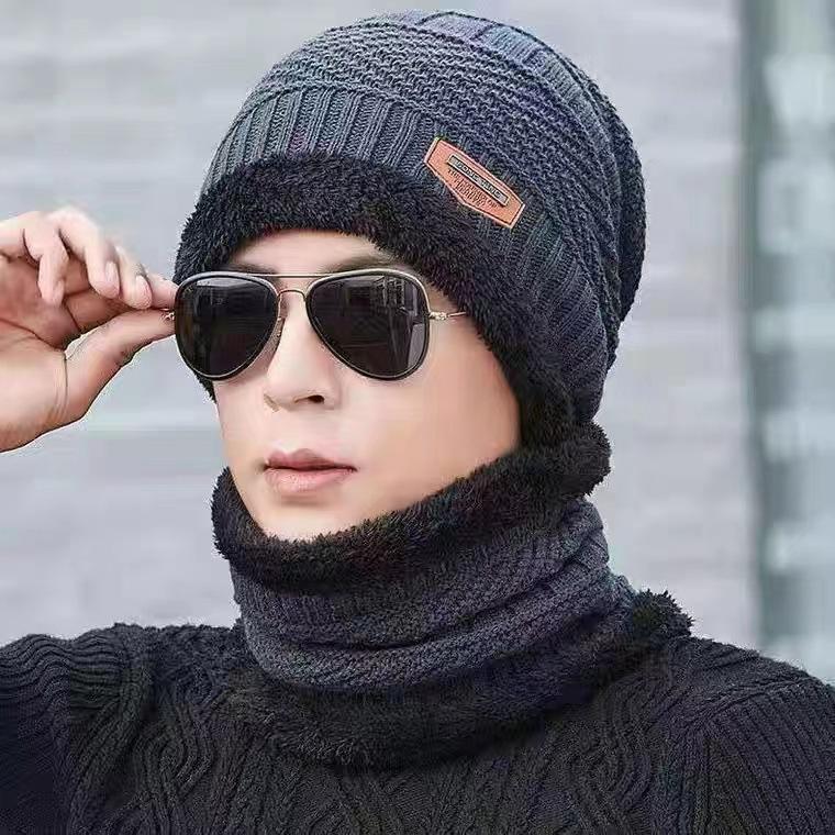 Winter Men's Hat and Scarf Suit Plus Velvet and Thickened Woolen Hat Outdoor Warm and Windproof Cycling Ear Protection Hood