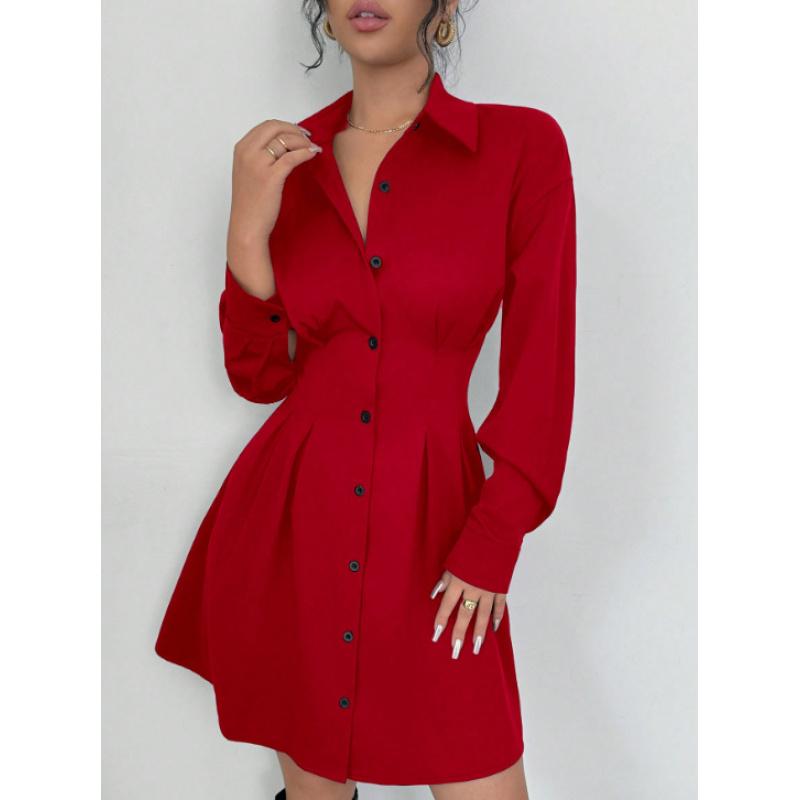 Women's Elegant Turn Down Collar Long Sleeve Knee-Length Button Down Shirt Dress Slim Waist Pleated Mini Dresses