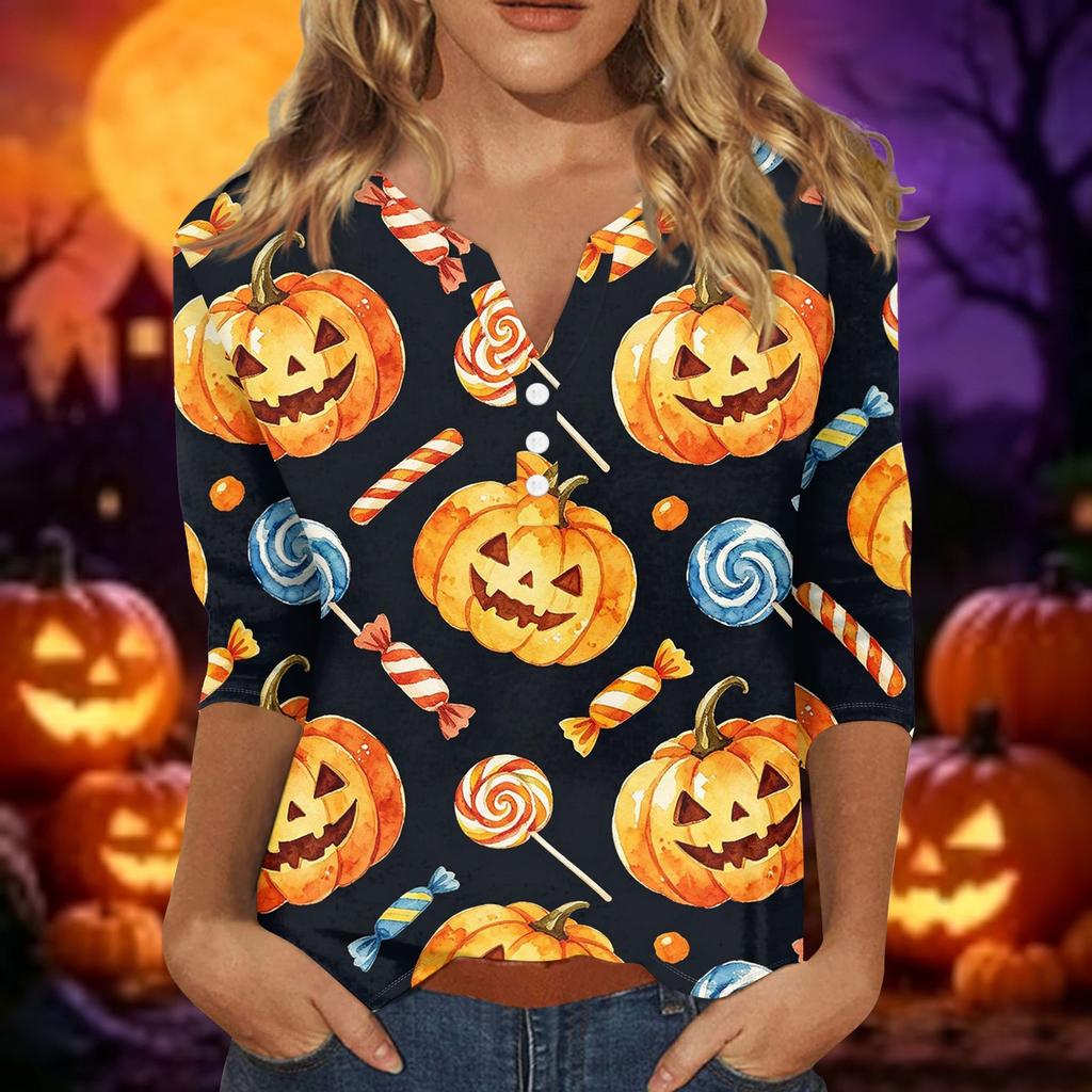 Women Casual Halloween Printed V Neck Short Sleeve Button Decor Three Quarter Sleeve T Shirt Top for Daily Wear