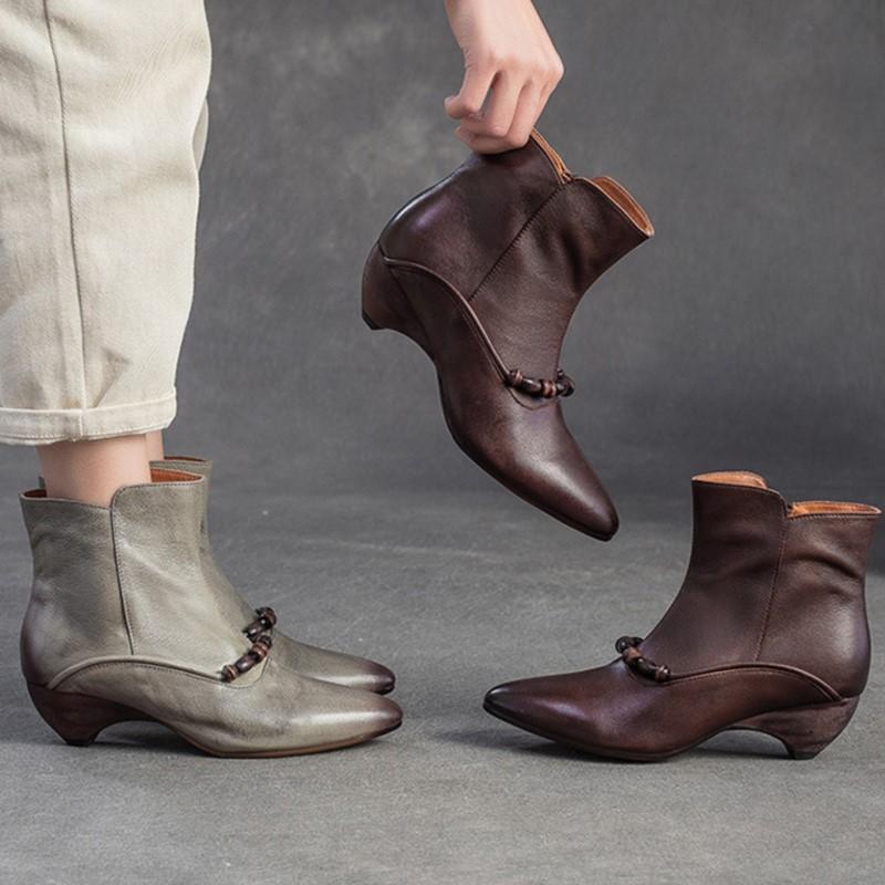 Johnature Genuine Leather Pointed Toe Ankle Boots Fashionable Versatile Mid Heeled Women's Shoes