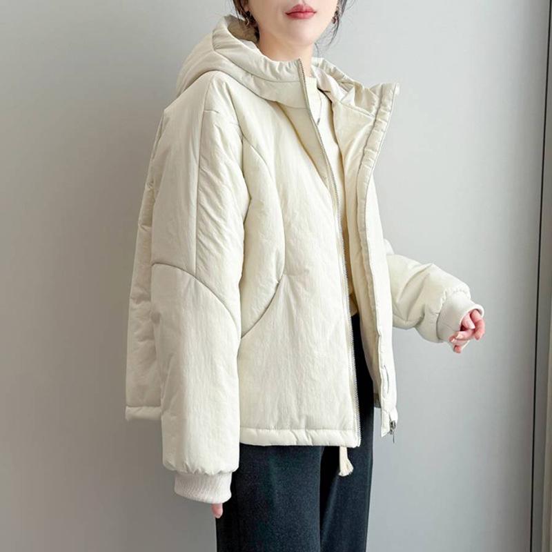 

Женская хлопковая куртка на шнурке - 2025 Зимний корейский стиль, Миниатюрная, Повседневная, Приталенная, Толстая, Легкое пальто M (50-57kg) грязно-белый