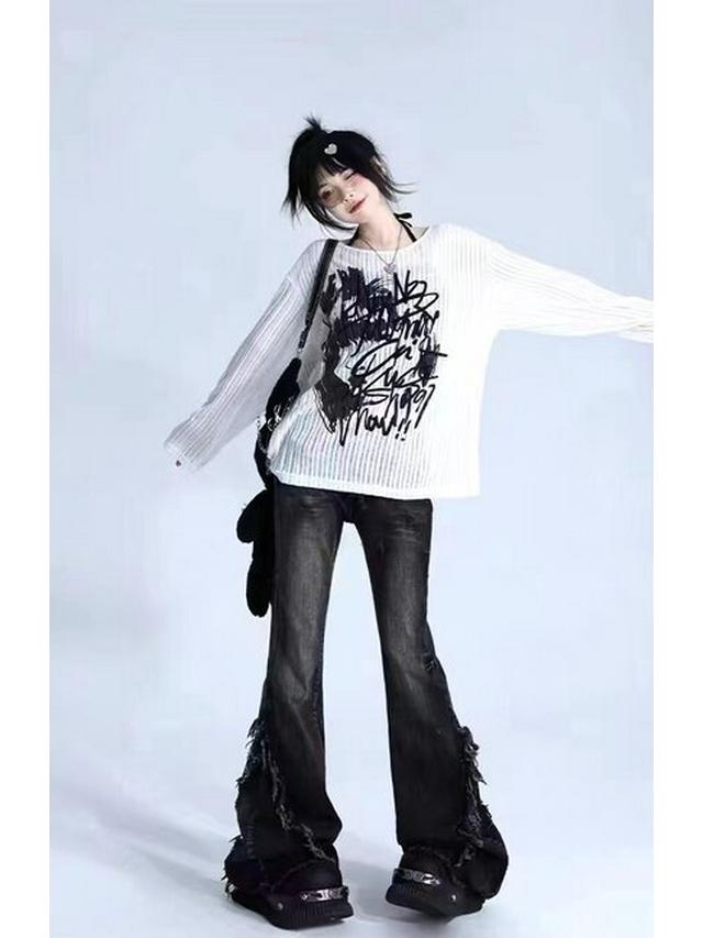 

Новые серые расклешенные джинсы с низкой талией 2024 года для женщин - стиль ретро с необработанными краями S темно-серого