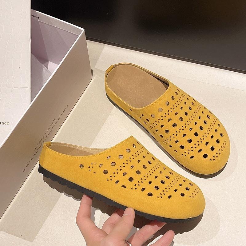 Spring and summer 2025 new retro versatile flat-bottomed Boken bag head slippers women's hollowed-out one-pedal soft-soled half slippers