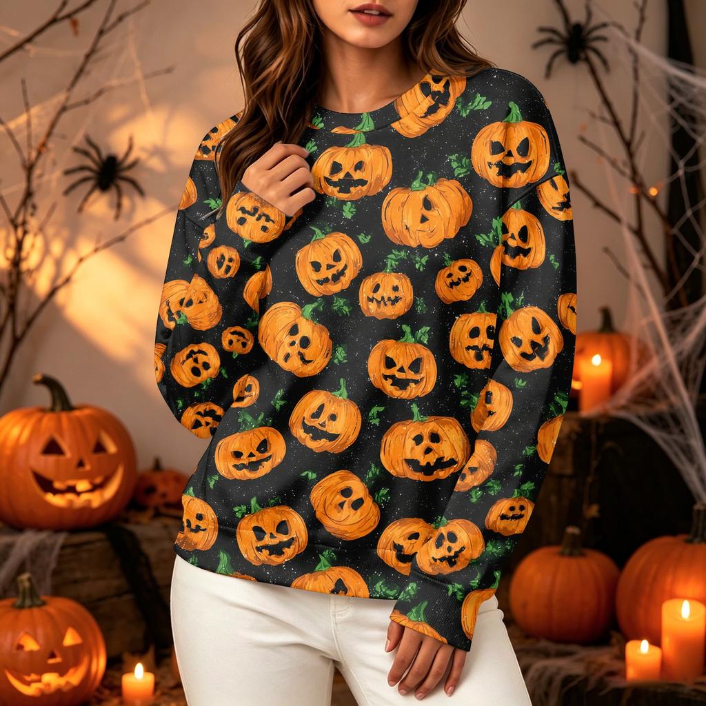 Women's Halloween Print Long Sleeve Neck Sweatshirt Top for Casual Wear