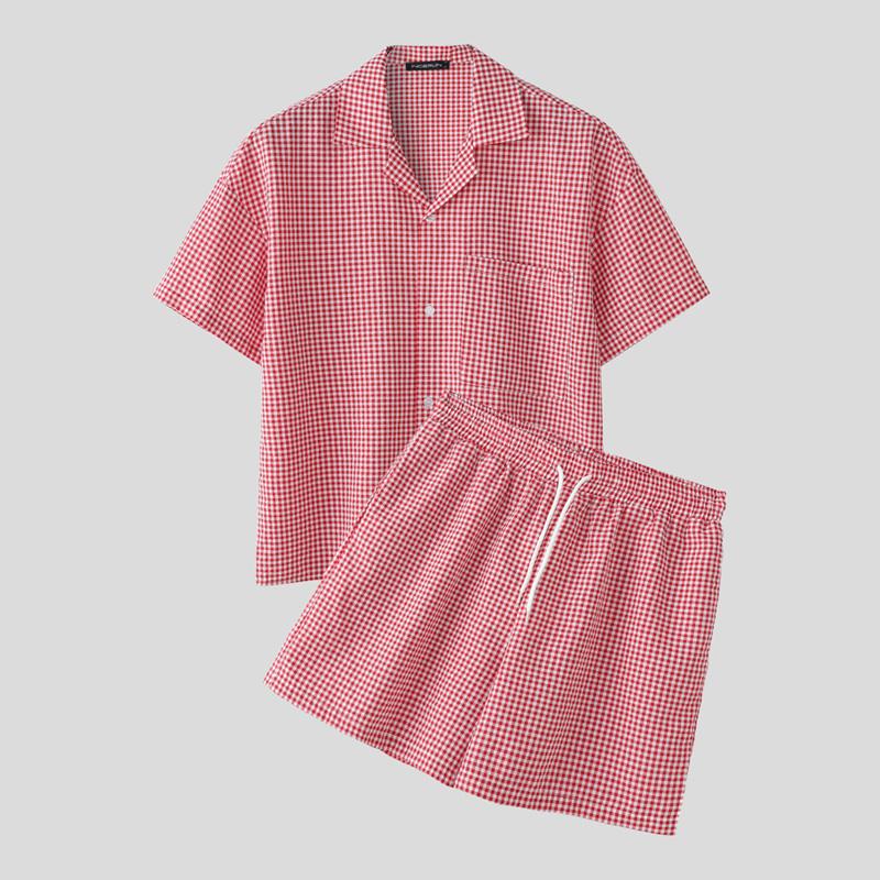 

INCERUN 2PCS Men Plaid Short Sleeve Shirts Shorts Casual Outfits Sets Home Wear 3XL красный