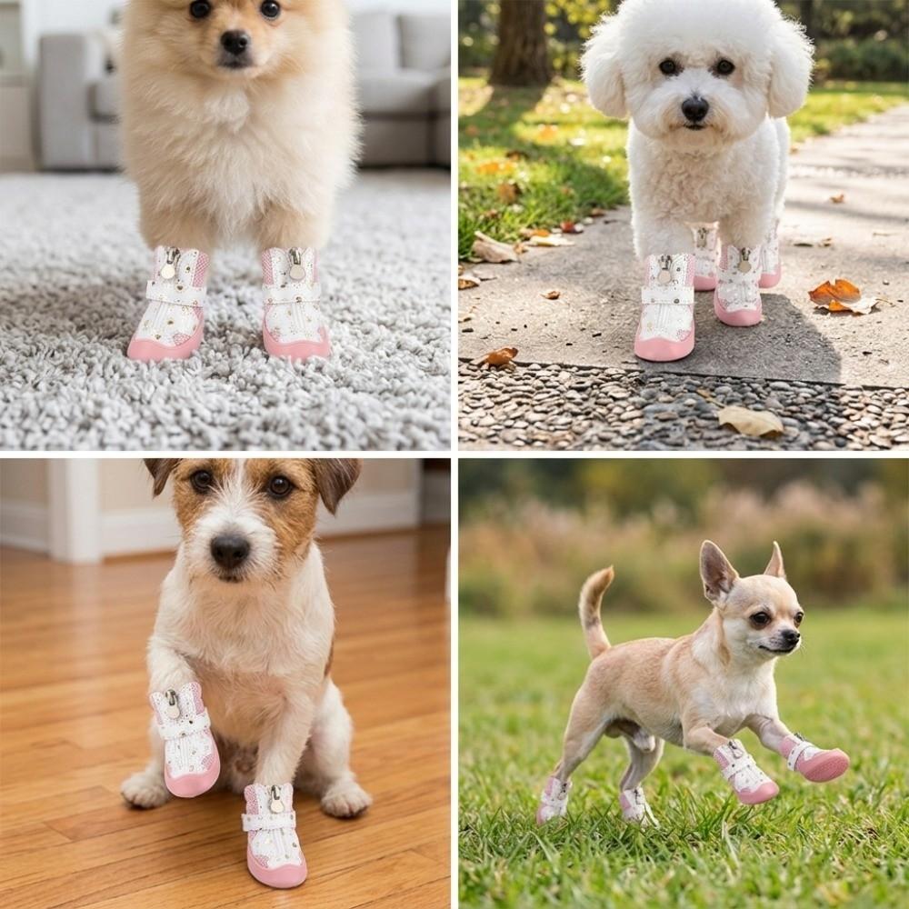 4Pcs Golden Mesh Mesh Dog Shoes Breathable Puppy Paw Shoes Breathable Pet Boots Teddy Bichon