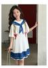 Navy collar dress for girls in summer, thin design for junior high school growth, T-skirt print, mid length skirt, college style, big kid
