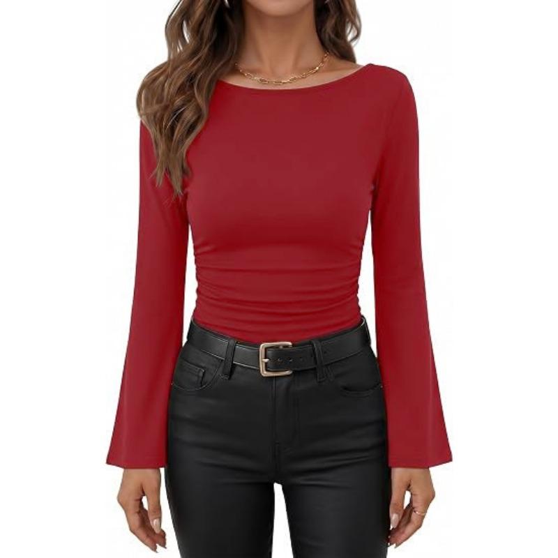 Women S Slim Fit Long Sleeve Flared Sleeve T Shirt Solid Color
