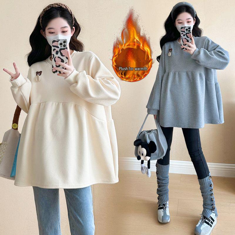 Maternity Doll Shirt Hoodie - Velvet Winter, Mid-Length, Casual Loose Fit for Spring/Autumn M