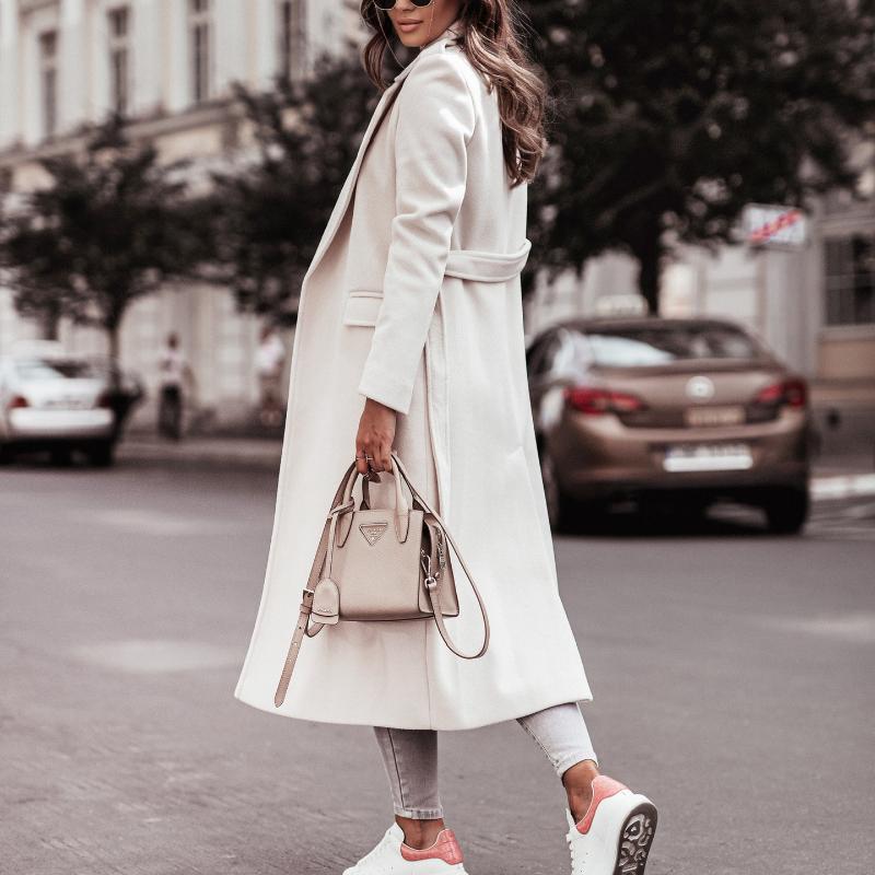 Women's Autumn and Winter Simple Long Sleeve V-Neck Tied Tweed Jacket