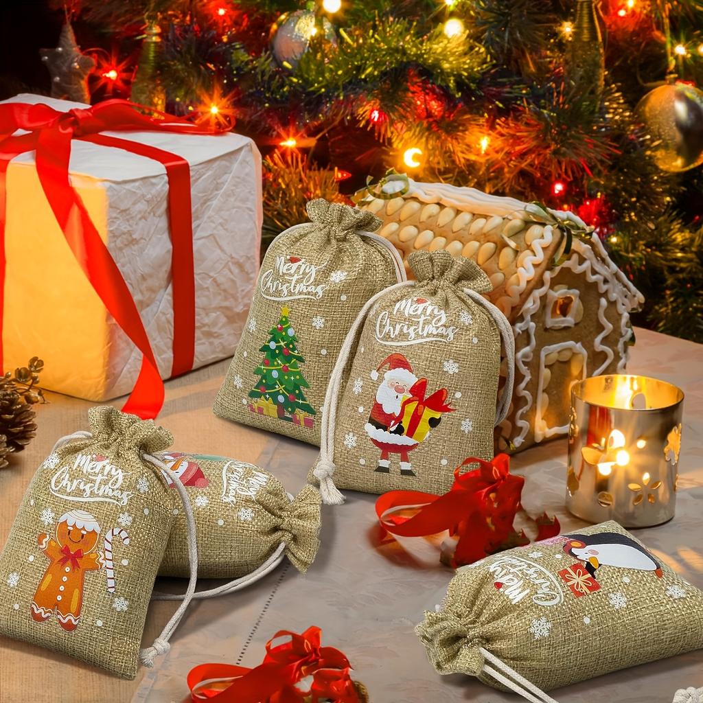 8/32pcs Christmas Burlap Gift Bags with Drawstring - Festive Linen Holiday Party Favors, Small Jute Bags for Gift Wrapping