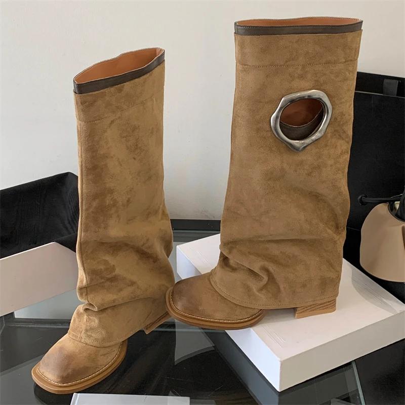 Fashion Eilyken Vintage Fashion Design Hollow Out Women Knee High Boots Round Toe Square Heels Female Shoes Botas De Mujer