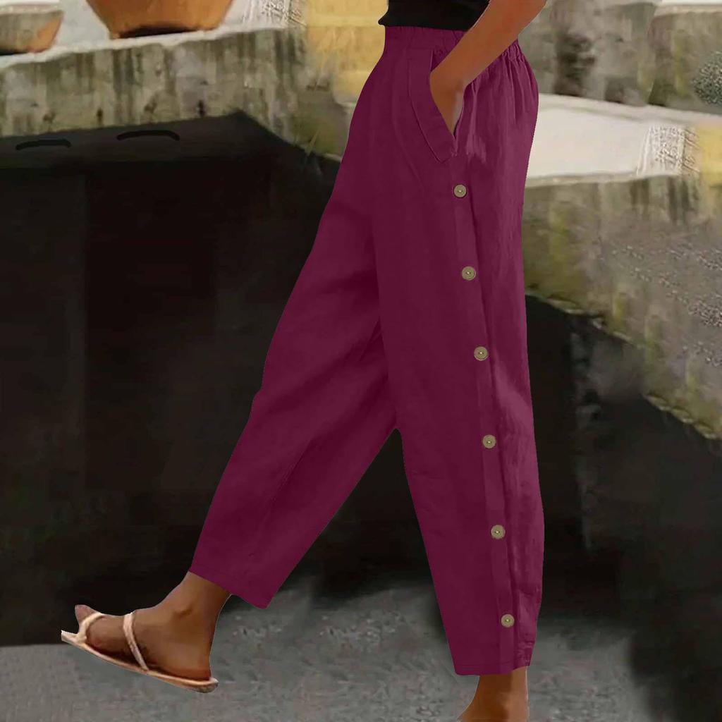 Women's Fashion Side-Button Pocket -Color Mid- Cotton-Linen Blend Relaxed-Fit Trousers