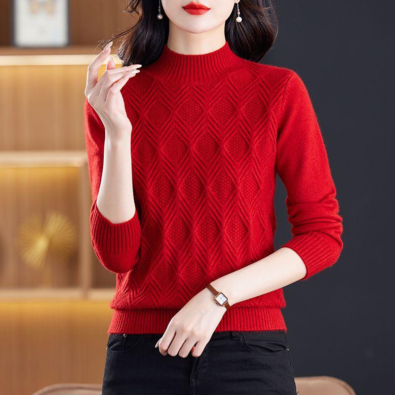 Autumn and Winter Style Long Sleeve Half High Neck Sweater Sweater Women's Korean Version Solid Color Fried Dough Twists Pullover Sweater