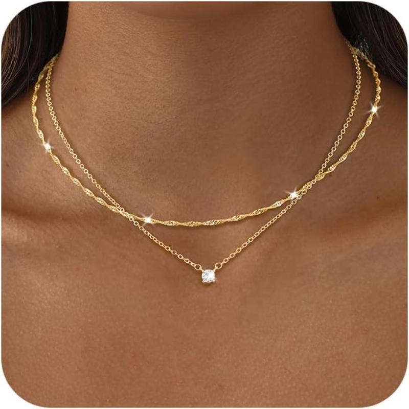 Dainty 14K Gold Plated/Silver Cubic Zirconia Diamond Necklaces for Women,Simple CZ Layered Necklaces Stack Trendy Jewelry Gifts
