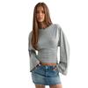 2026 Women's Solid Color Cinched Waist Long Sleeve Top - Fashionable Round Neck, Wide Sleeve.