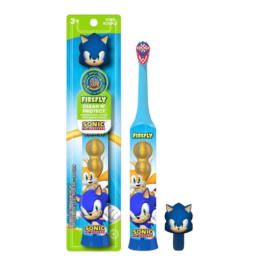 FIREFLY Clean Protect Sonic the Hedgehog Toothbrush with 3D Hygienic Premium Soft Grip Batteries Ages of N' Cover, Bristles, Non-Slip Handle,