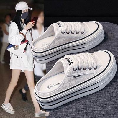 Thick-soled Lace Canvas Slippers for Women To Wear In the Autumn of 2025, the New Models Are One-pedal Lazy Bag Head and Half-drag White Shoes.