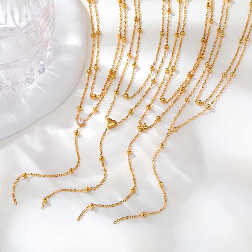 Dainty Bead Chain Zircon Heart-shaped Necklace for Women,Stainless Steel Flower Tassel Double Layer Y-shaped Necklaces Jewelry