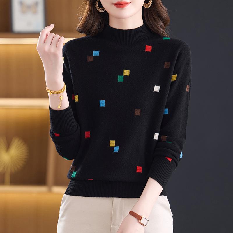 Damski Sweter Wełniany Petite Color Block - Dzianinowy Top z Półgolfem na Jesień/Zimę