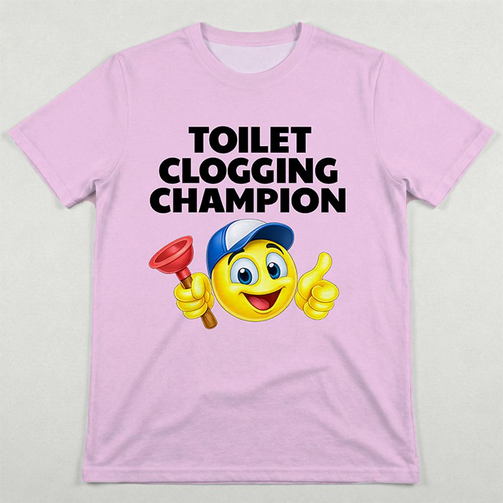 Funny Toilet Clogging Champion Emoji Tshirt Street Humor Casual ShortSleeve Top Mens And Womens Party Fun Crew Neck Tee
