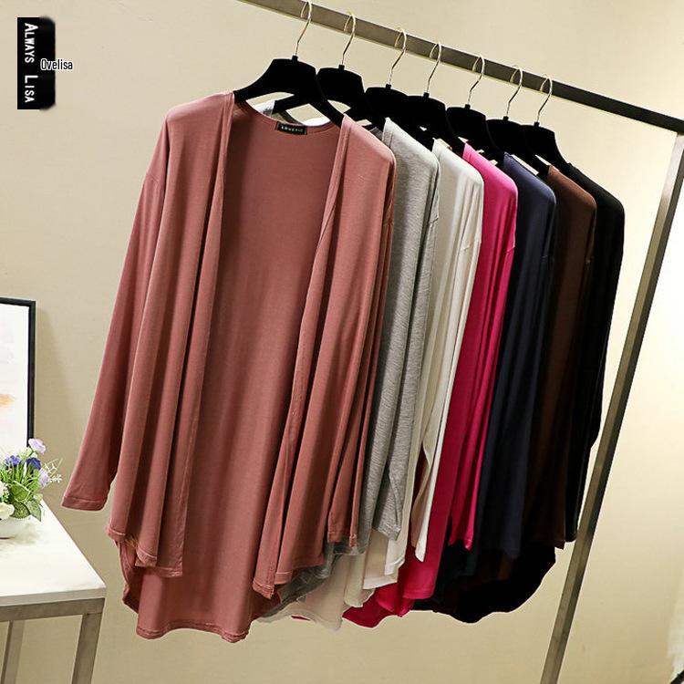 Women's Plus Size Mid-Length Cardigan: Spring/Summer Korean Style Shawl-Coat in Lightweight, Solid Colors