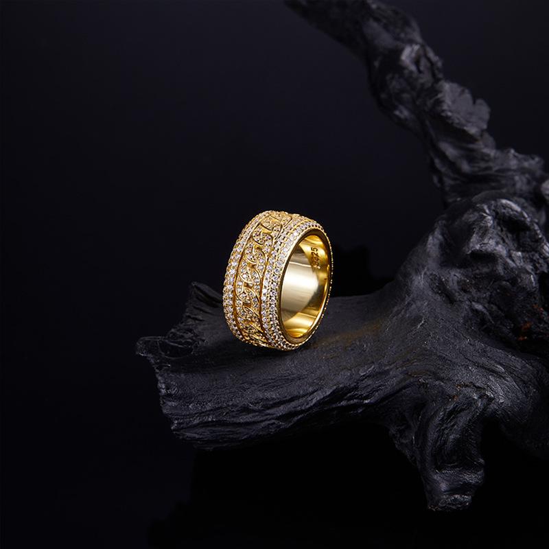 European Hip Hop Sterling Silver Men's Moissanite Rotatable Ring, Gold-Plated Trendsetter Fashion.