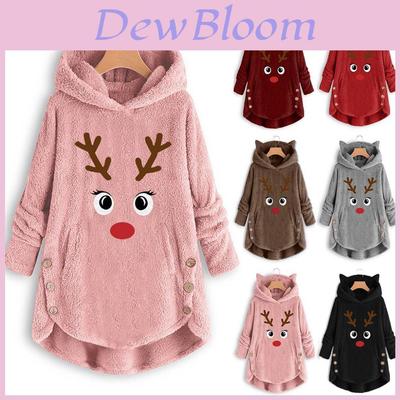 Cozy Fluffy Women's Christmas Sweatshirt With Adorable Elk Pattern And Cat Ear Design