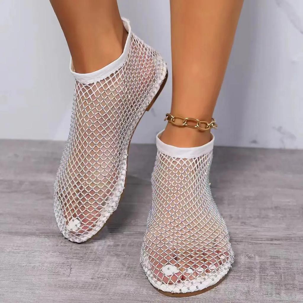 Fashion New Women Luxury 2025 Brand Round Toe Flat Bottom Sandals Summer Hollow Short Boots Water Diamond Sexy Flat Bottom Shoes Sandals