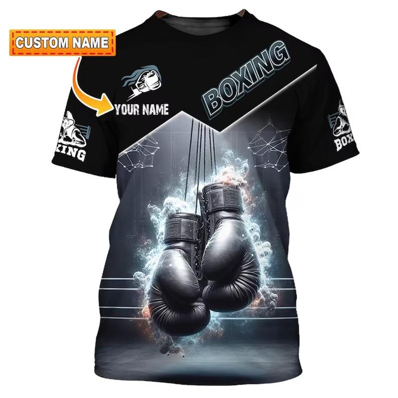 Boxing Gloves Print T-shirt Men's Clothing DIY Personality Name O Neck T Shirts Harajuku Flame Cool Streetwear 2025 Novelty Top