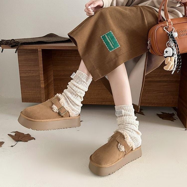 Women's Baotou faux lamb wool plush slippers padded warm winter thick bottom heightening home slippers casual hiking indoor shoes snow cotton slippers