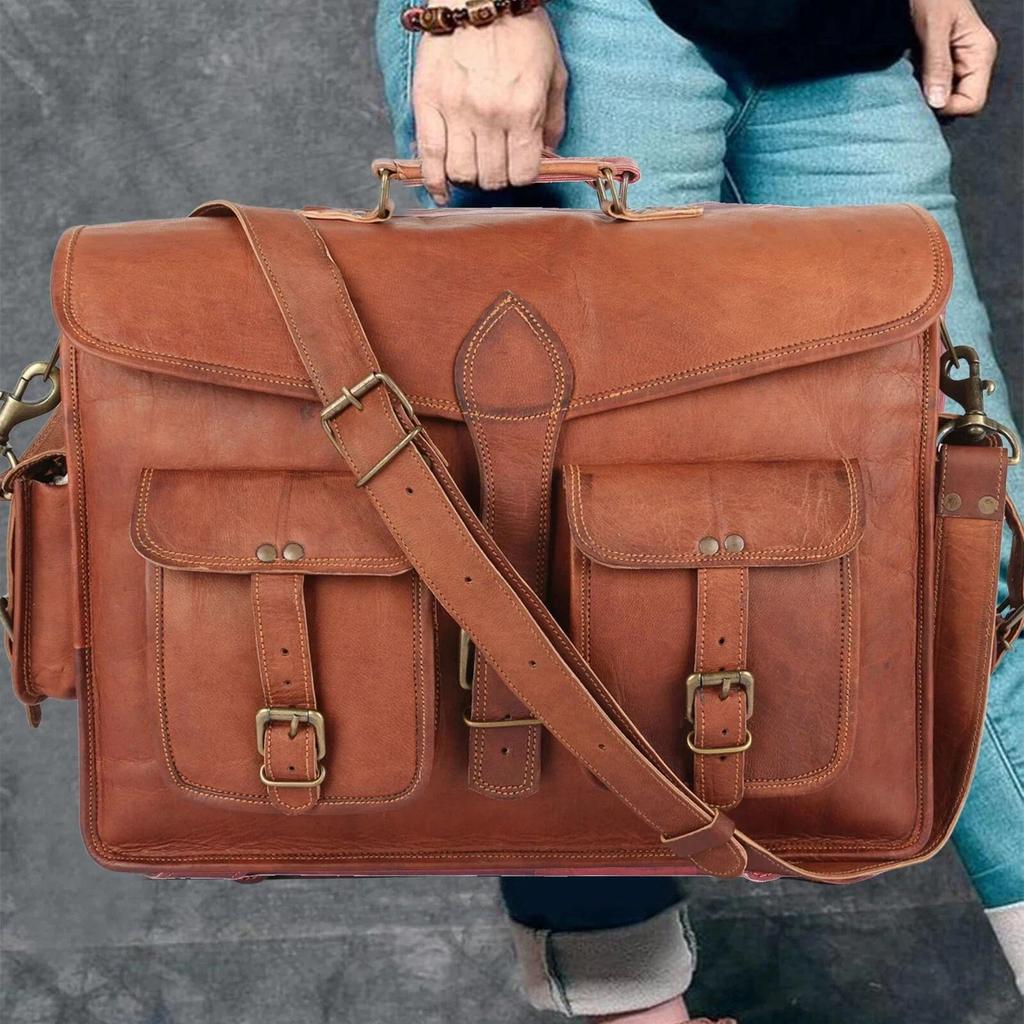 Men's Genuine Briefcase Vintage Leather Functional Messenger Shoulder Laptop Bag