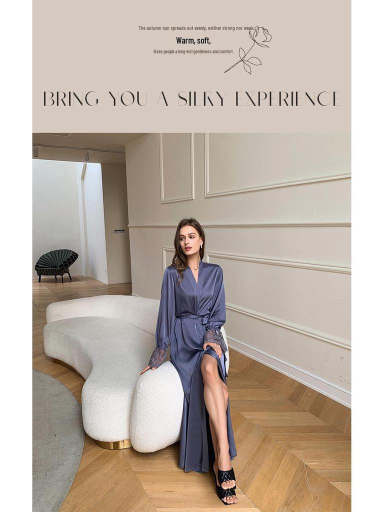 Yaoting Damen Satin Chiffon Nachthemd: Sommer Spitzen-Patchwork, Französisch Elegant, Sexy Rückenfreier Langer Morgenmantel.