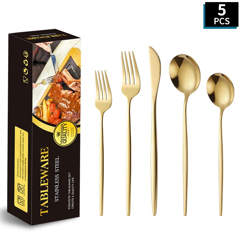 Portugal Gold Stainless Steel Cutlery Set: Four-Piece Knife, Fork, and Spoon Set for Steaks.
