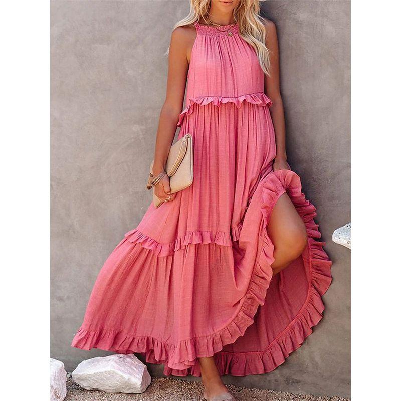 Fashion 2025 Summer New Holiday Ruffles Long Vest Dress Wide Hem Flowy Beach Dress Dress