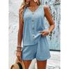 Loose V-neck Sleeveless Button Vest Solid Color Casual Shorts Two Piece Set Summer Outfit