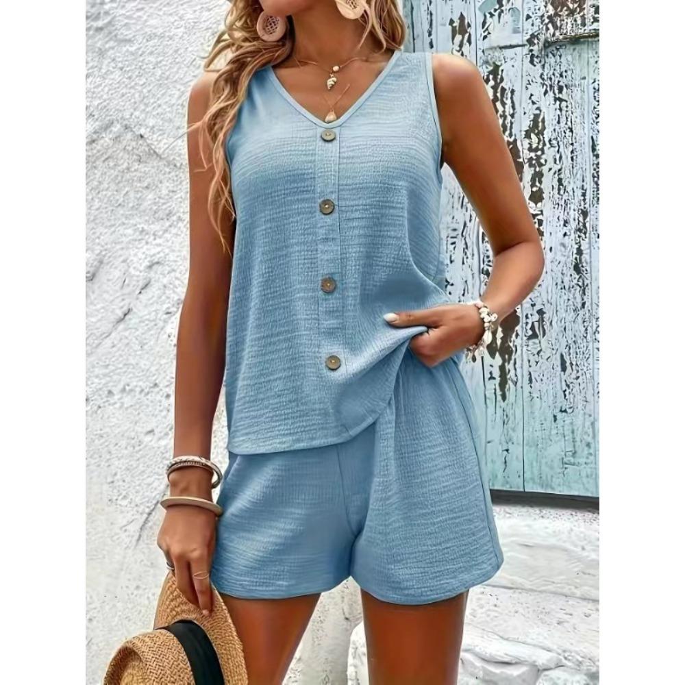 Loose V-neck Sleeveless Button Vest Solid Color Casual Shorts Two Piece Set Summer Outfit