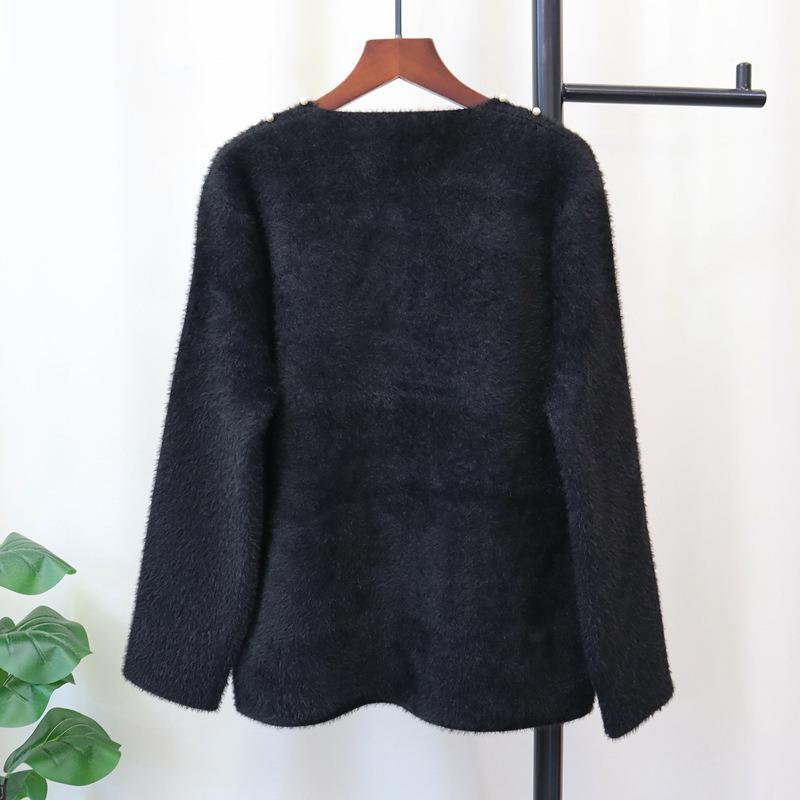 Heavy Industry Nail Bead Imitation Mink Velvet Knitted Cardigan Autumn and Winter New Design Loose Soft Waxy Sweater Jacket Women