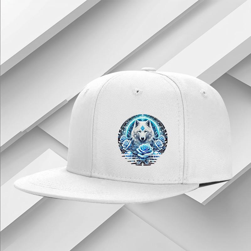 

Ice Blue Wolf Roses Graphic Print Snapback Baseball Cap Adjustable Casual Streetwear Flat Brim Hat One Size