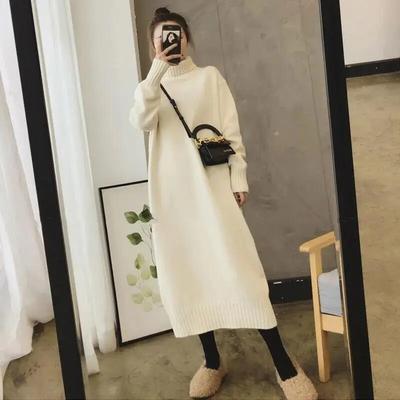 Robe Schwarz Weibliches Kleid Kleidung Pullover Lose Rollkragen Gestrickte Maxi frauen Kleider Lange Weiß Herbst Winter