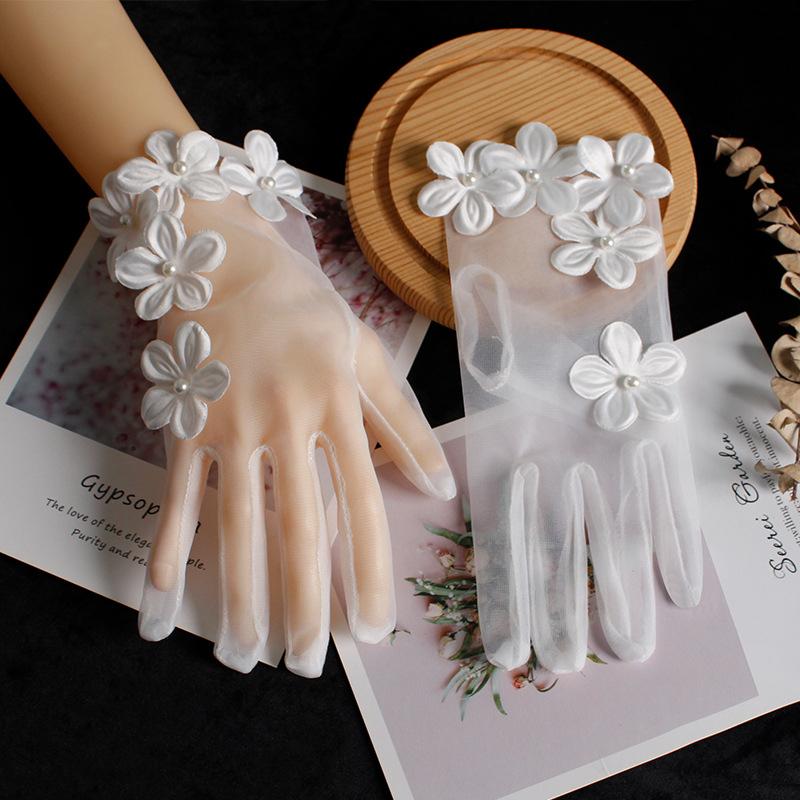 Elegant Lace Tulle Transparentes Bridal Wedding Party Dress Gloves Flower Sheer Short Summer Mittens Lolita Accessories