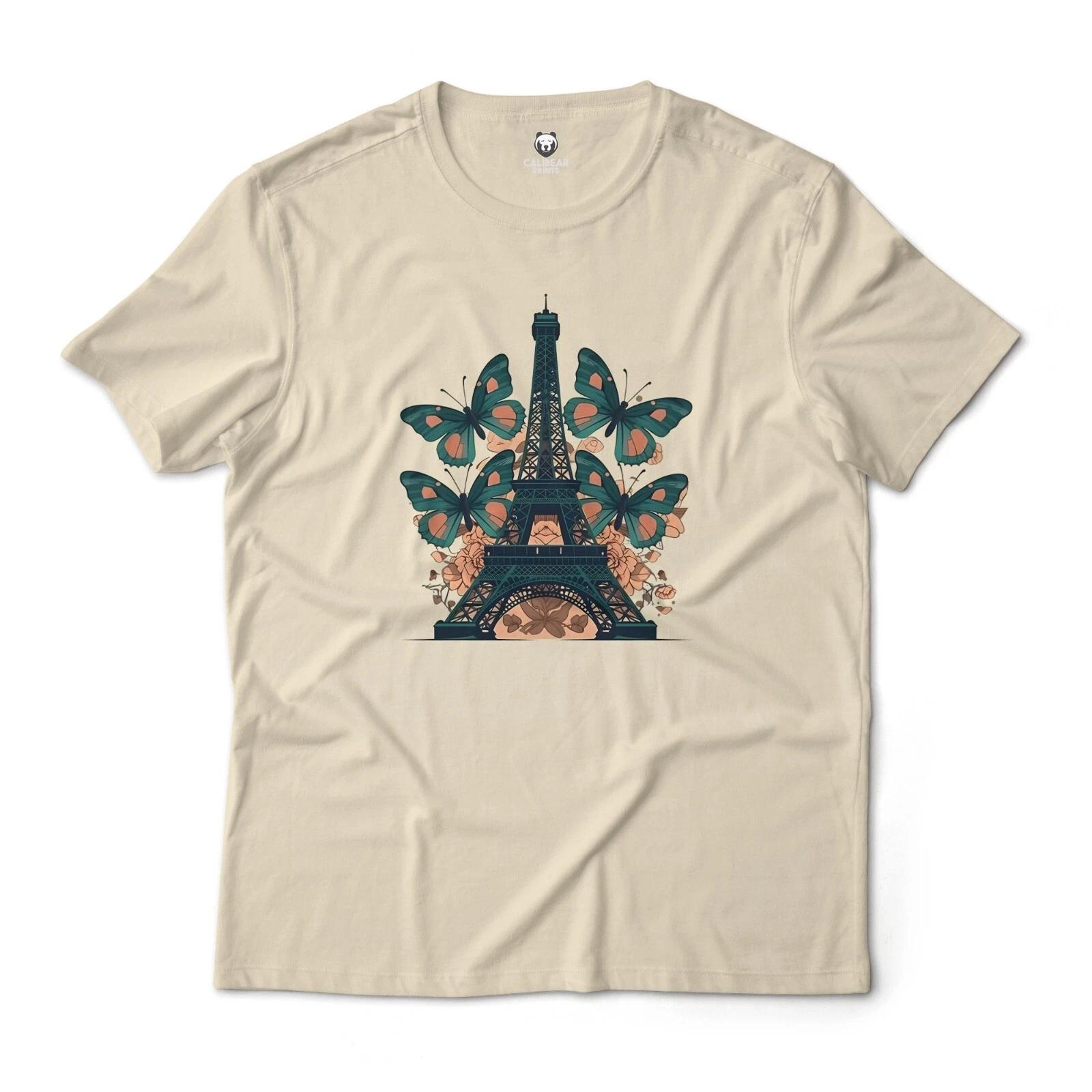 Eiffel Tower Tee with Vibrant Butterflies Aesthetic Graphic T-T-Shirt Unisex L